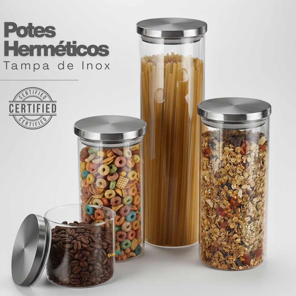 Kit com 4 Potes Porta Mantimento de Vidro com Tampa de Inox
