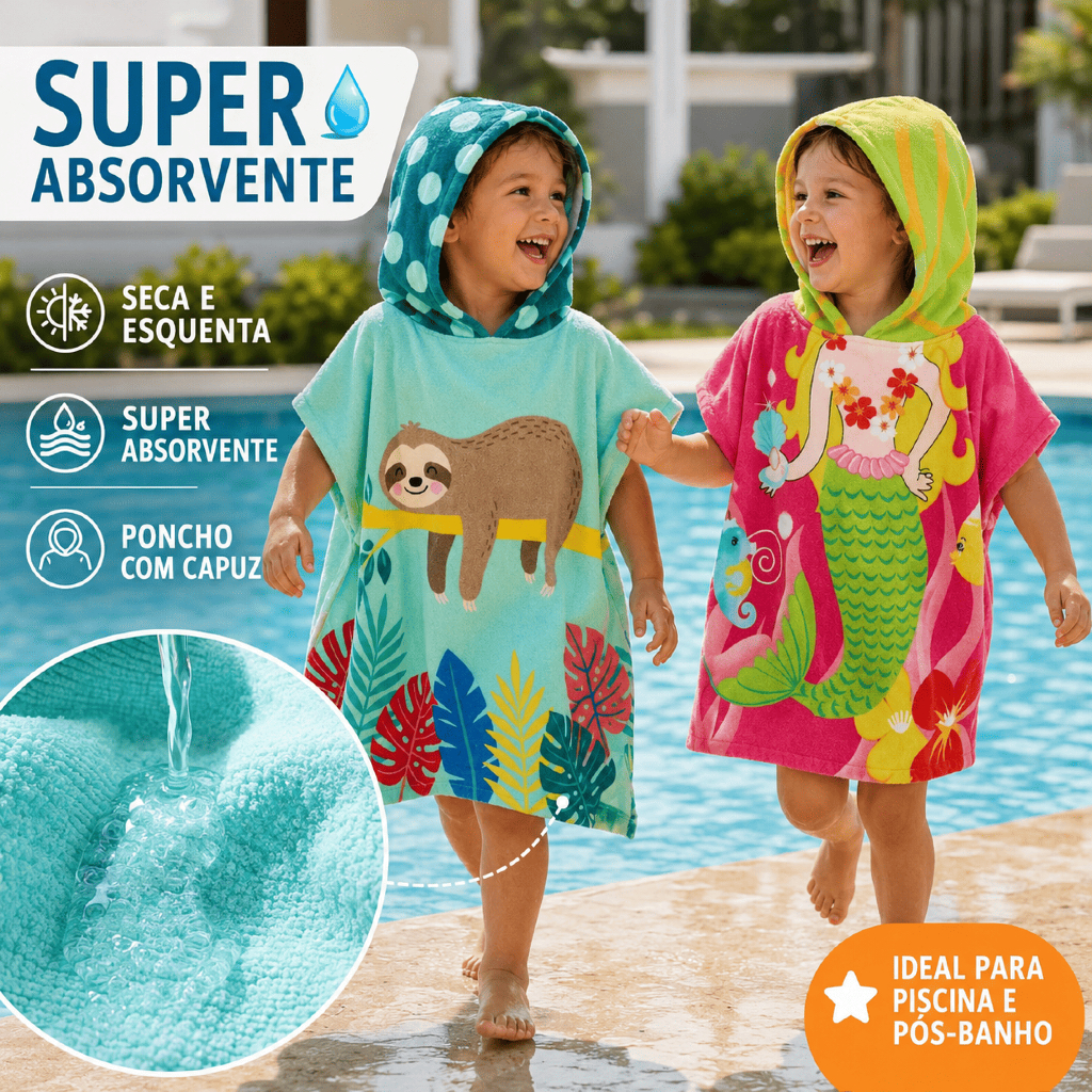 Roupão Atoalhado Infantil Poncho Saída de Banho Toalha