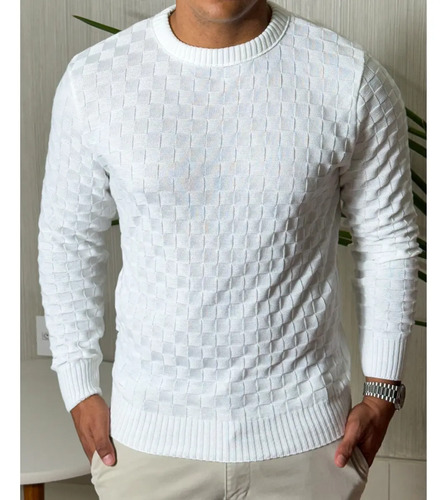 Suéter Masculino Lã Tricot Manga Longa Xadrez