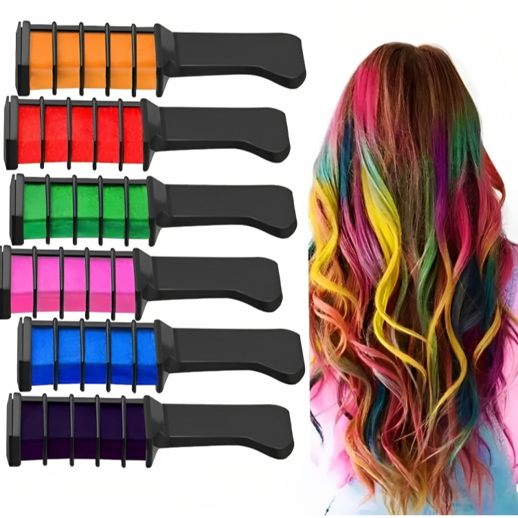 Kit 6 Pente Giz de Cabelo Colorido com 6 Cores Temporárias