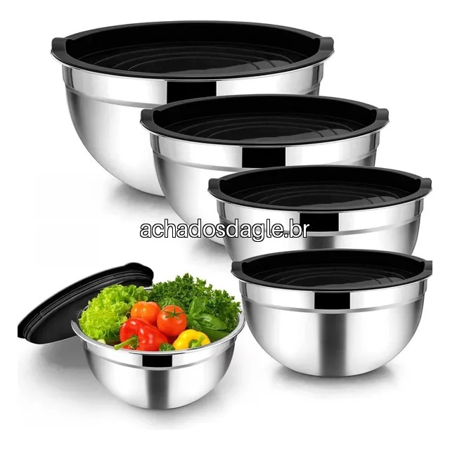 Kit 5 Tigelas de Inox com Tampa Plástica Cinza