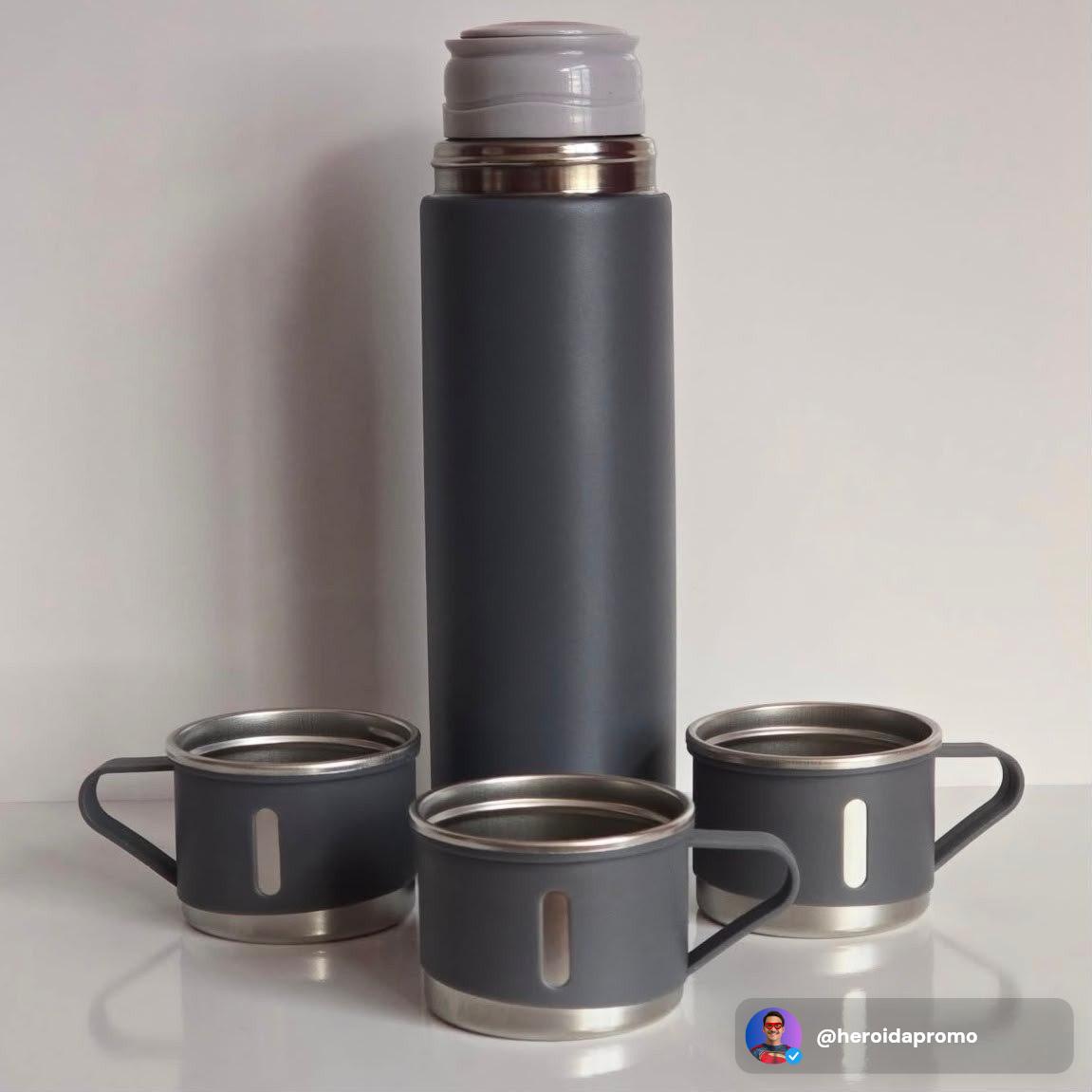 Kit Garrafa Térmica Vacuum Bottle Inox 500ml com 3 Xícaras