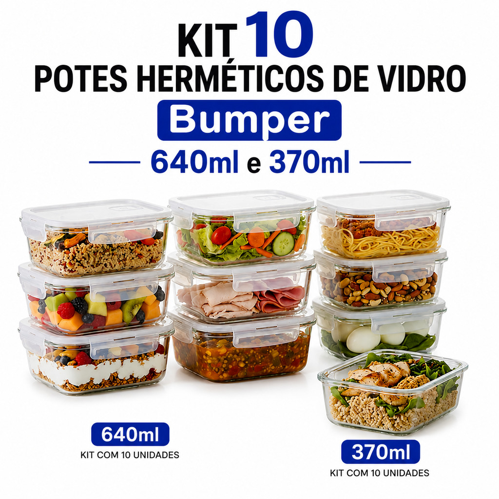 Kit 10 Potes de Vidro com Tampa Hermético Bumper 640ml e 370ml