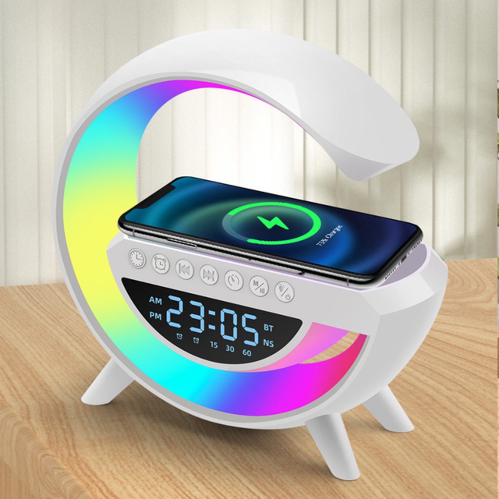 Caixa de Som Bluetooth 5.3 com Luminaria LED RGB, Relogio Despertador e Carregador Sem Fio 10W