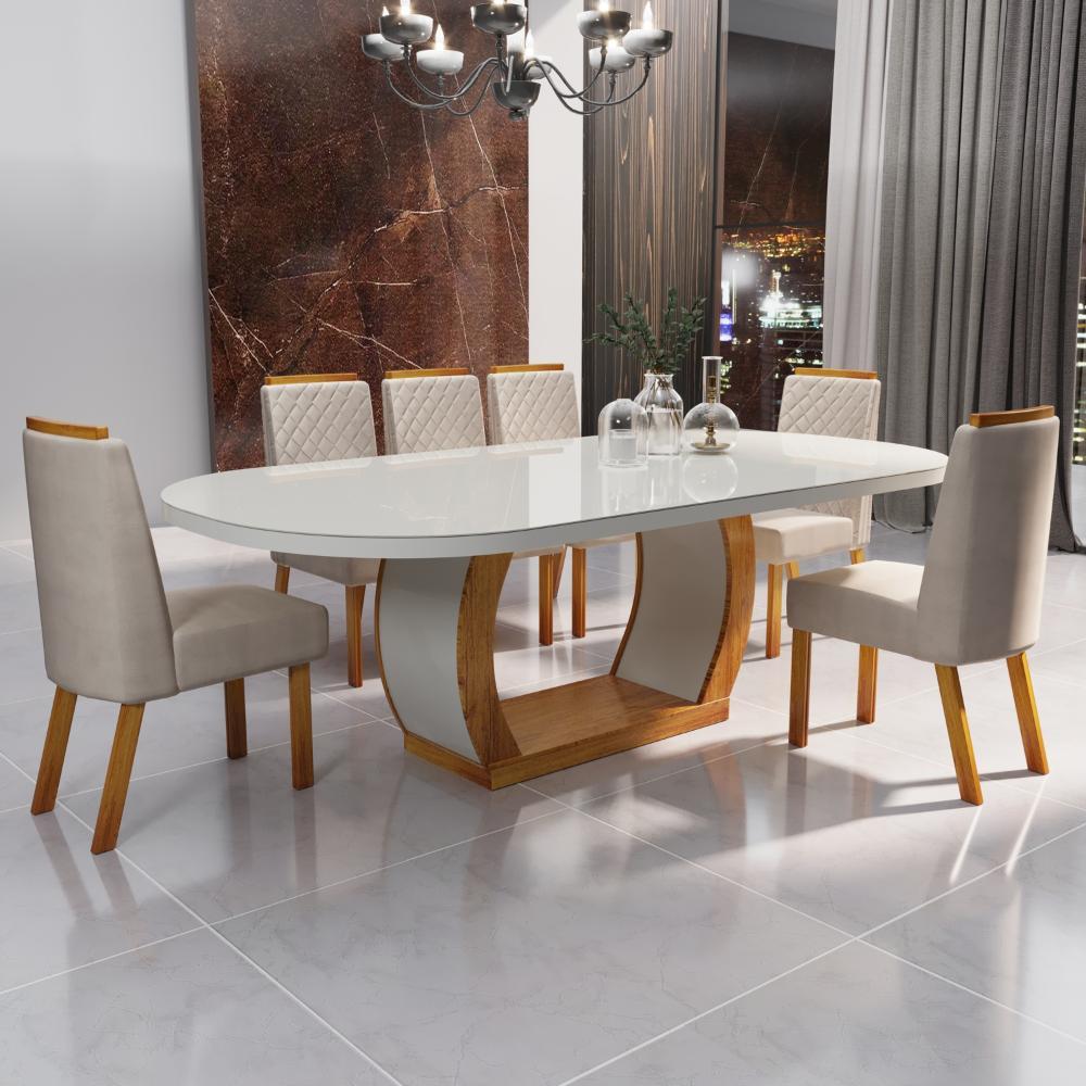 Conjunto de Sala de Jantar Mel MDF/Vidro 196x90 com 6 Cadeiras Bom Pastor