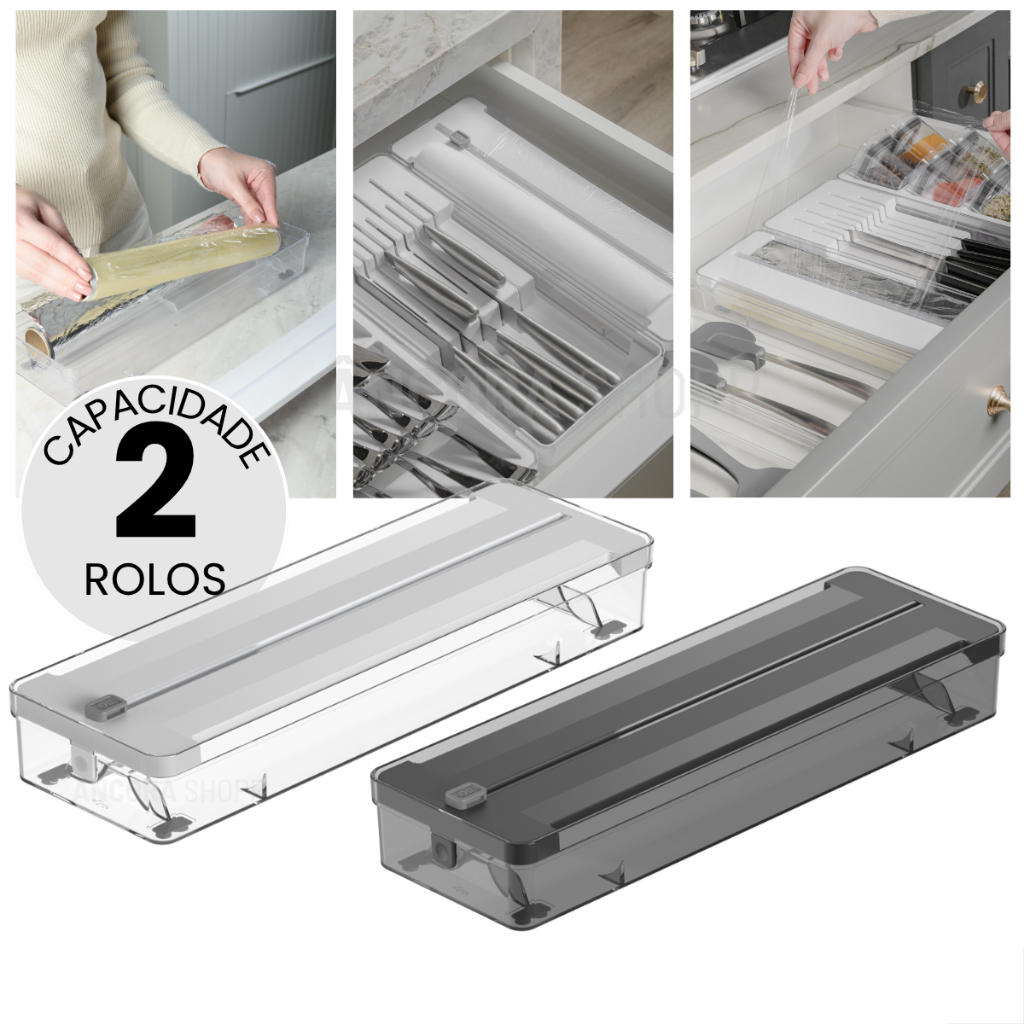 Organizador de Rolos Duplo e Cortador de Plástico Filme Papel Alumínio Manteiga Ou 37cm x 12cm | Shopee Brasil
