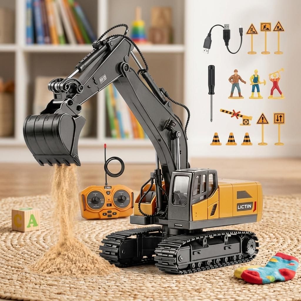 Jogojunto escavadeira controle remoto 11 canais com pa de metal luzes e sons movel cabine giratoria acessorios interc...
