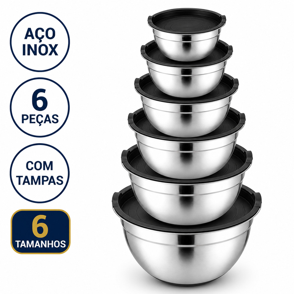 Conjunto Bowls de Inox com Tampa Plástica 6 Peças 4,3L 3,8L 2L 1,4L 1L 0,7L Empilháveis | Shopee Brasil