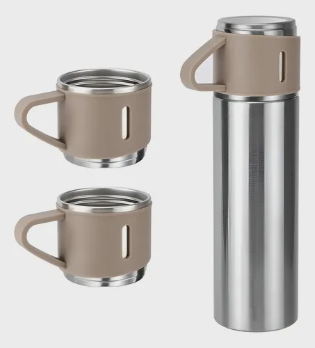 Kit Garrafa Termica Vacuum Bottle Inox 500ml com 3 Xicaras Prateado