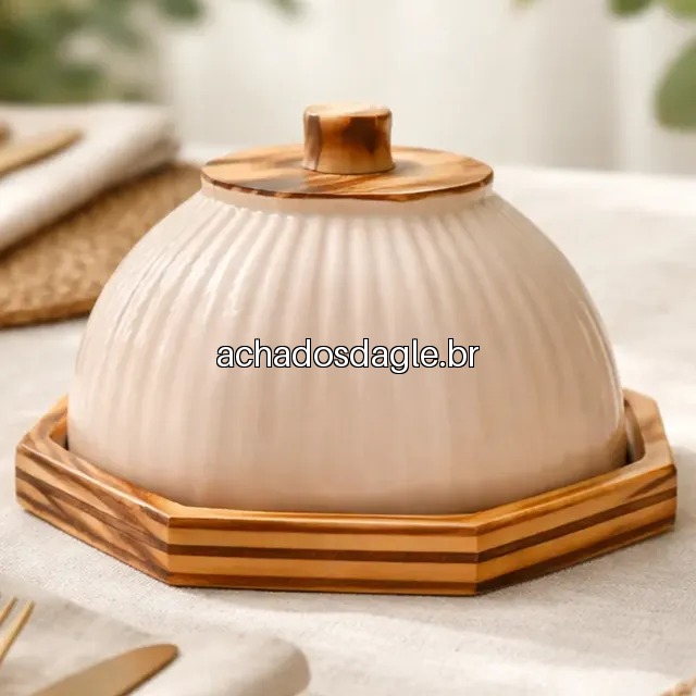 Queijeira Cloche Pequena Octagonal em Madeira e Cerâmica Canelada