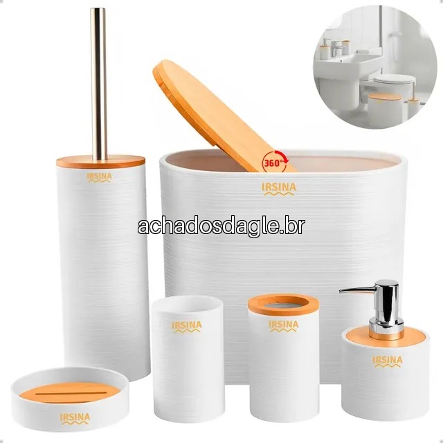 Kit Banheiro Completo Acessórios De Bambu Lixeira Com Tampa Escova Saboneteira Branco Irsina