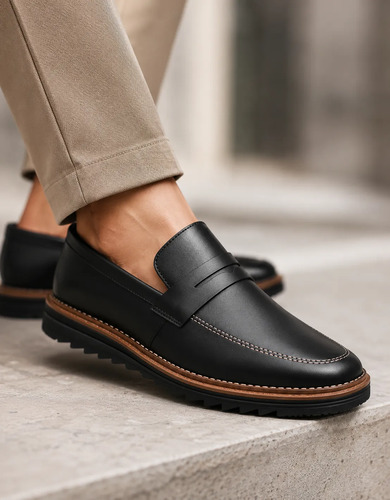 Mocassim Masculino Sapato Social Sola Tratorada Casual Preto Liso