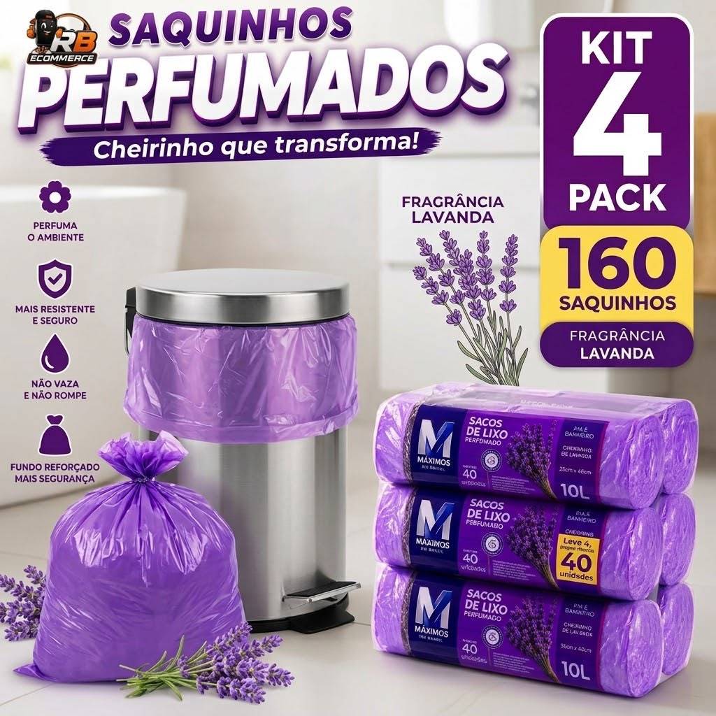 Kit 4 Sacos de Lixo Perfumados Lavanda 160 Sacos