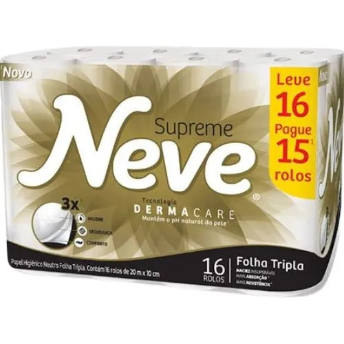 Papel Higiênico Supreme Neve Folha Tripla 16 rolos Kit 2 unidades