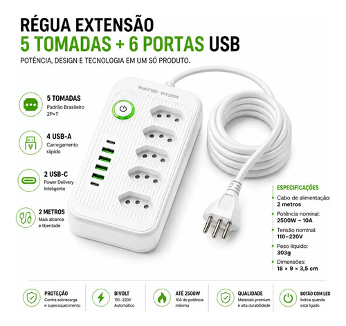 Régua de Extensão 5 Tomadas 4 USB 2 Tipo C com Filtro de Linha