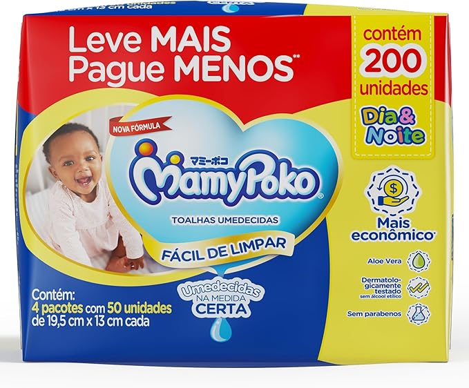 Lenços Umedecidos MamyPoko Dia e Noite 200 Unidades 4 Pacotes