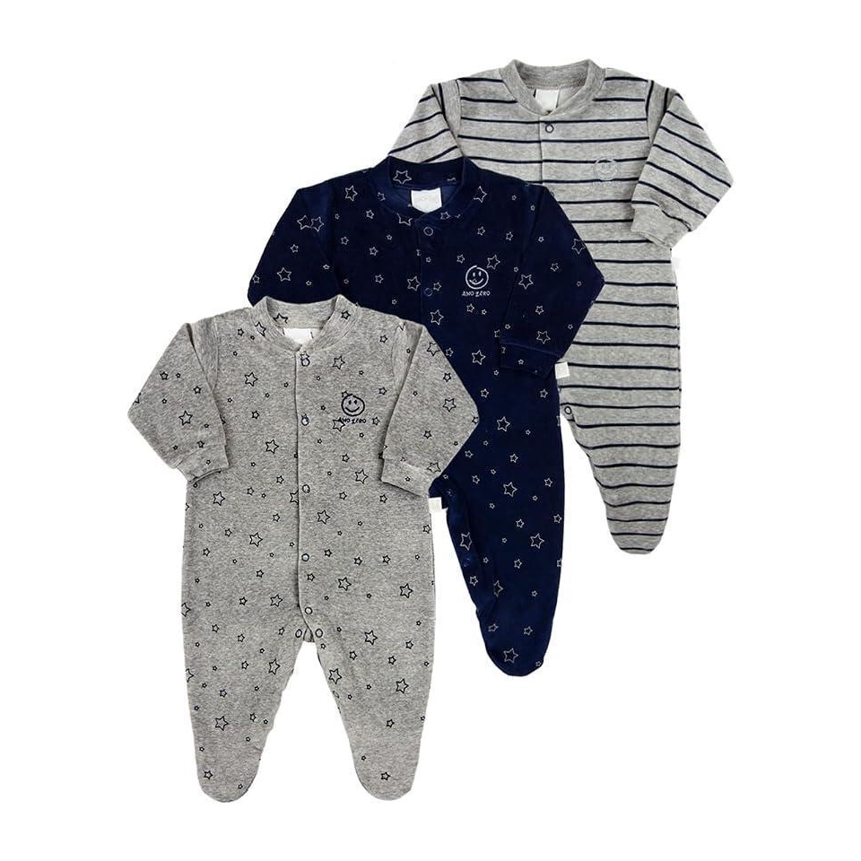 Oferta: Kit 3 Macacões para Bebê Menino em Plush – Estampado e Listrado Inverno