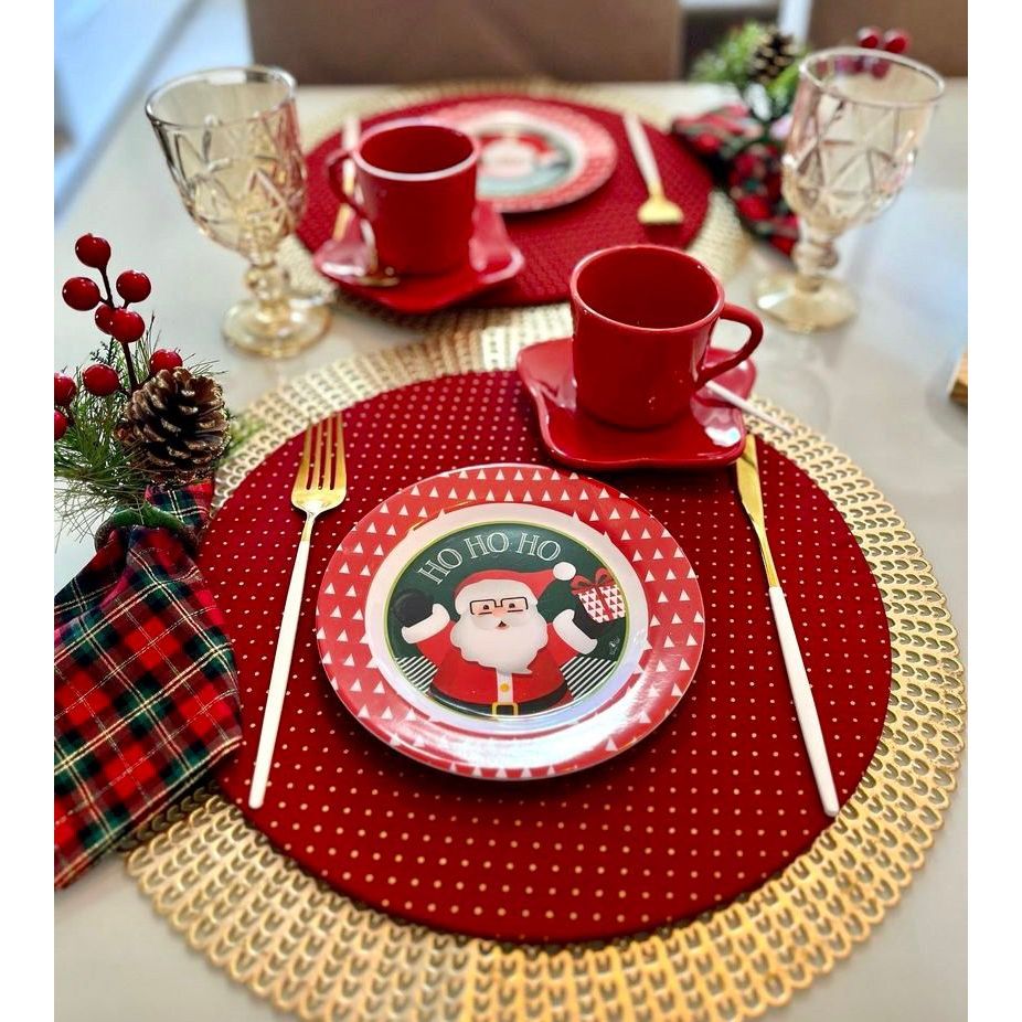 Kit 12 Peças Natal Sousplat + Guardanapos Completo Tricoline 100% Algodão Decoração Mesa Vermelho | Shopee Brasil