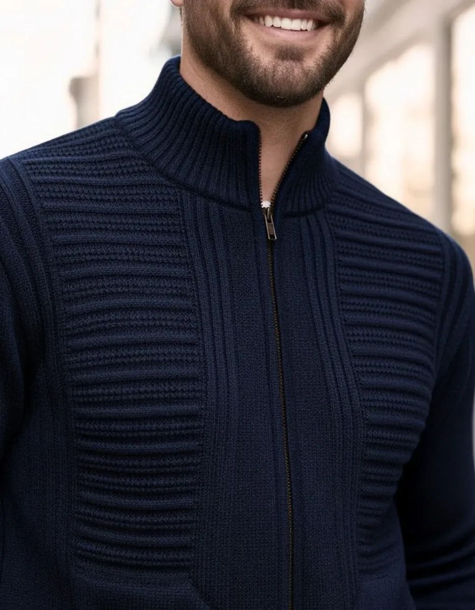 Jaqueta Masculina Preta Lã Tricot Inverno com Bolso e Zíper
