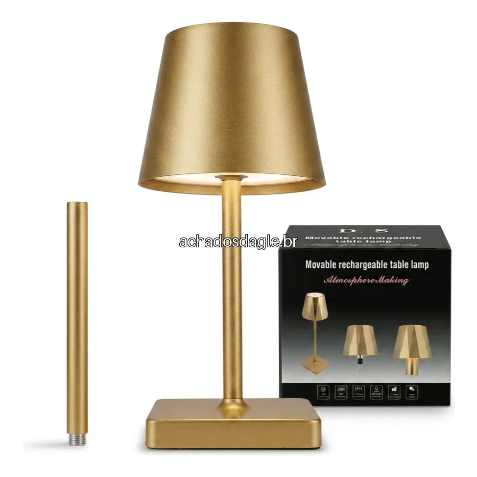 Luminária Abajur Mesa LED Touch Dimerizável Sem Fio Recarregável Dourado