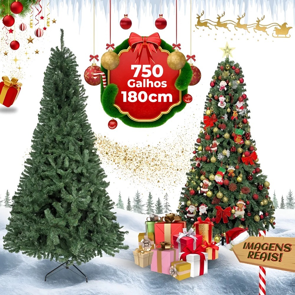 Árvore de Natal Grande Luxo Desmontável 1,80m com 750 Galhos e Base de Ferro