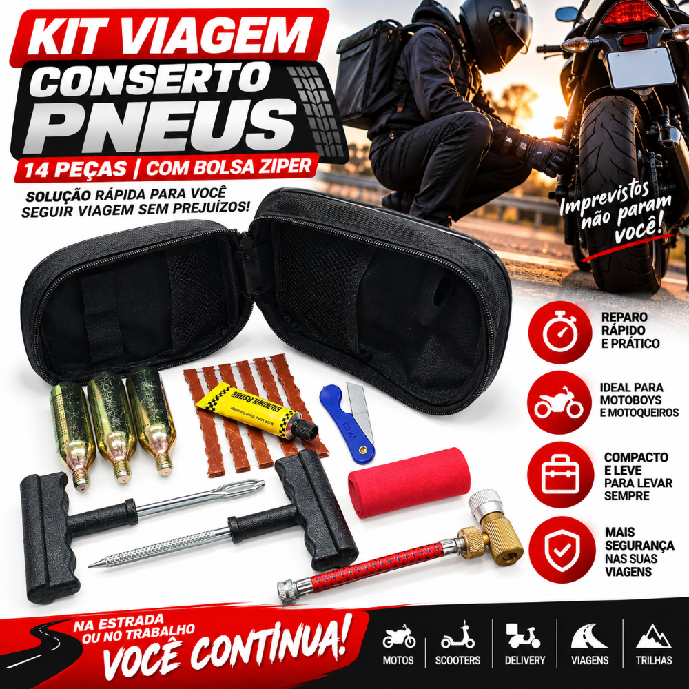 Kit Reparo SOS Pneu Moto e Bike 14 Peças