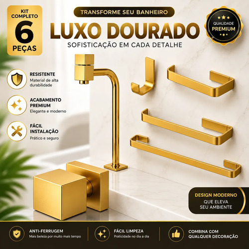 Kit Completo para Banheiro Luxo 6 Peças Dourado