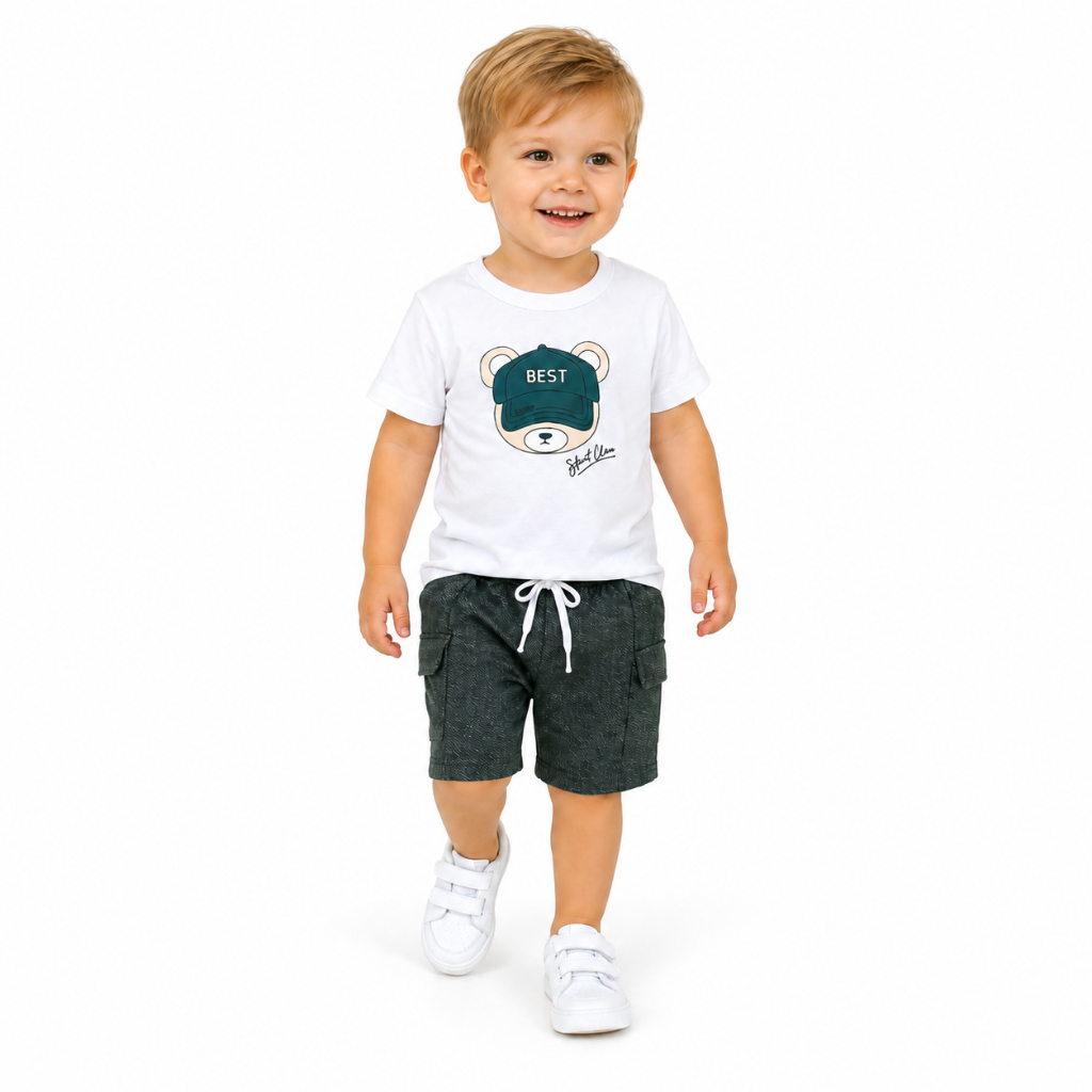 Conjunto Infantil Masculino Estampa Urso e Shorts com Bolso Tam 1 a 3 Anos