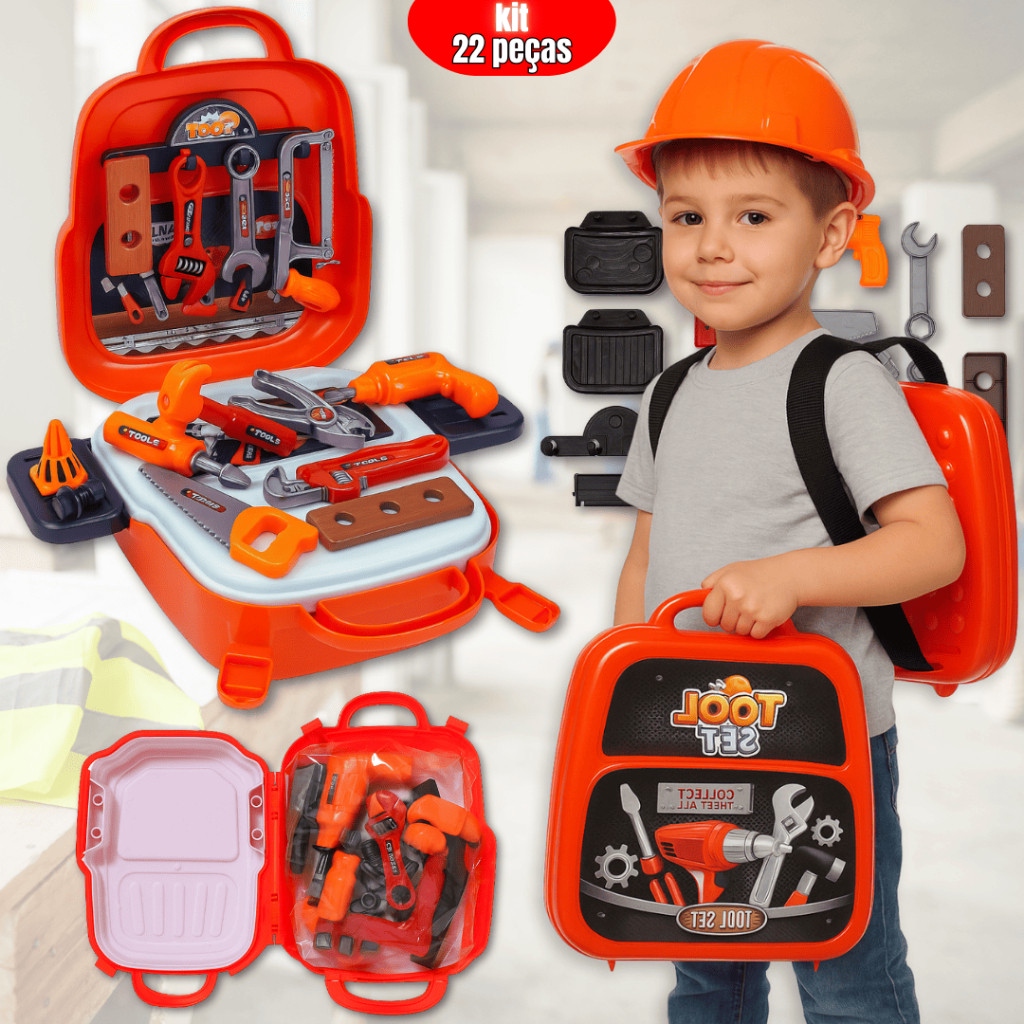Kit de Ferramentas Infantil 22 Peças 3 em 1 Maleta Educativa