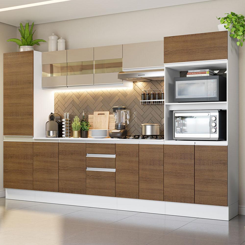 Armario de Cozinha Completa Madesa Smart 100% MDF 300 cm com Balcao e Tampo - Branco/Rustic