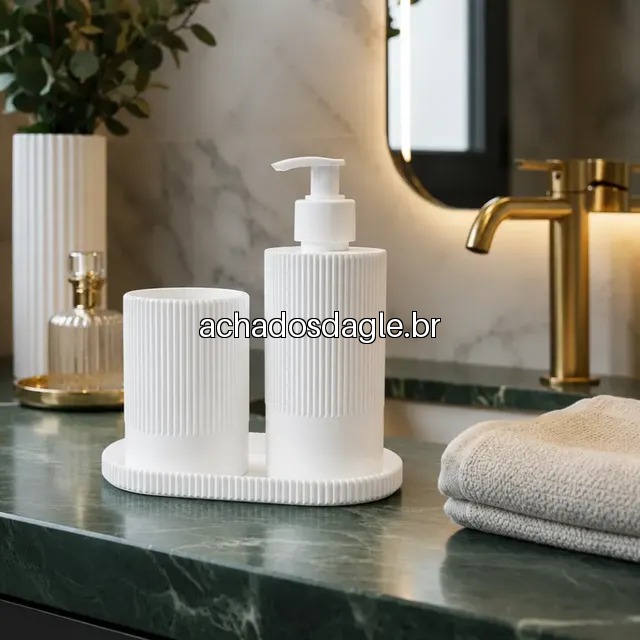 Kit Lavabo Banheiro Bandeja Sabonete Líquido Escova 3 Peças Branco