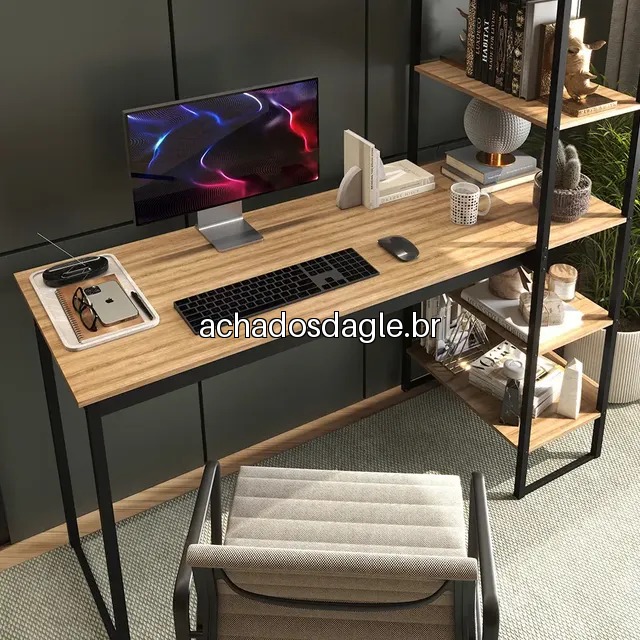 Mesa Escrivaninha Industrial Laminado Preto 5 Prateleiras