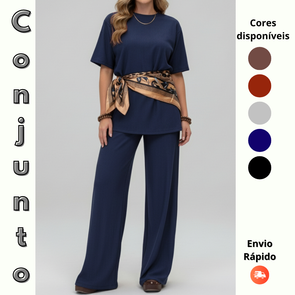 Conjunto Feminino Calca Pantalona com Blusa Manga Curta