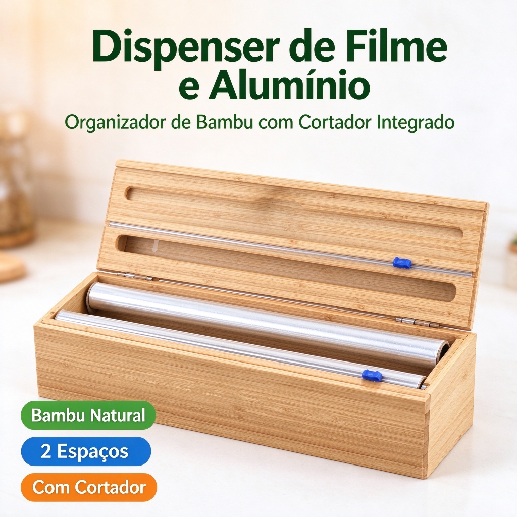 Porta Rolo Duplo Organizador em Bambu para Papel Alumínio e Filme PVC