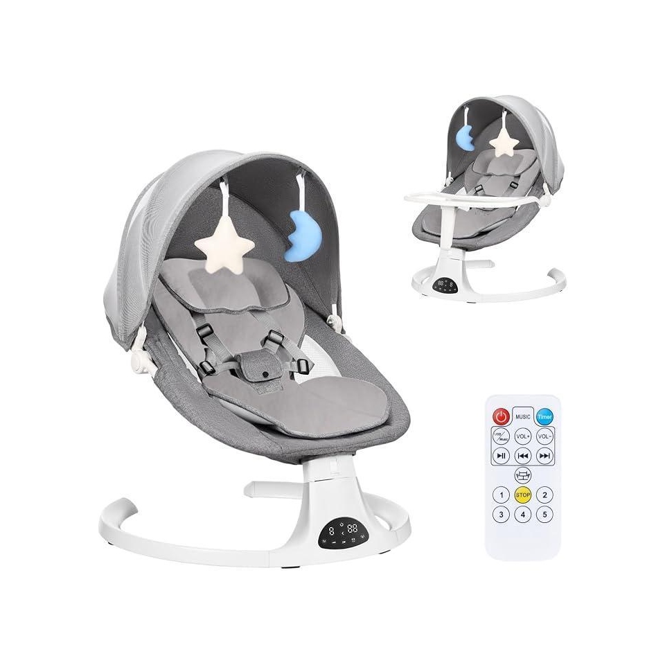 Oferta para Membros Prime: Hivento Cadeira de Balanço Elétrica para Bebê, Com Controle Remoto, Cinto de Segurança de 5 Pontos, 5 Velocidades, 3 Configurações de Temporizador, Capacidade Máxima de 15 kg, 10 Canções de Ninar