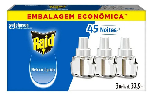 Repelente Elétrico Líquido Raid 45 Noites 3 Refis 32,9ml