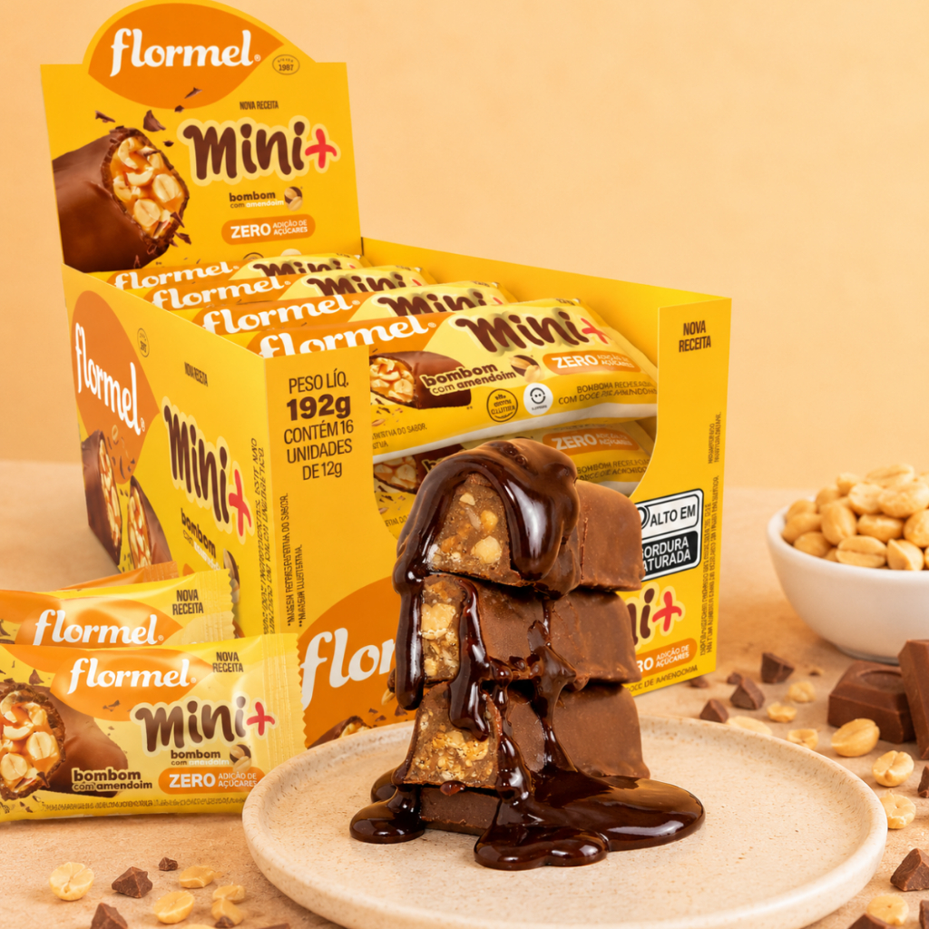 Caixa 16 unid Bombom Chocolate Zero Açúcar Sem Gluten Amendoim Mini Flormel 12g