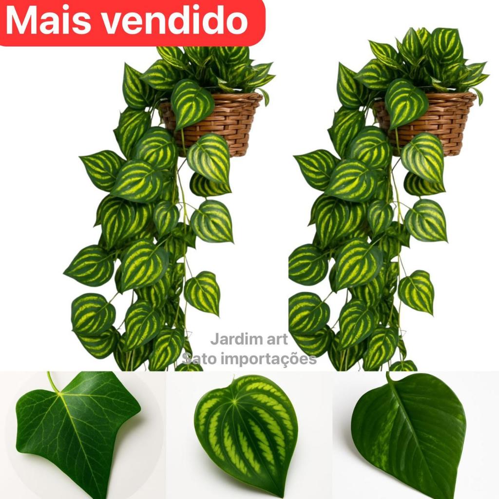 Kit 3 Trepadeiras de Folha de Hera + 1 Vaso Trançado