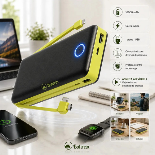 Carregador Portátil Power Bank 10000mAh Bahrein Preto