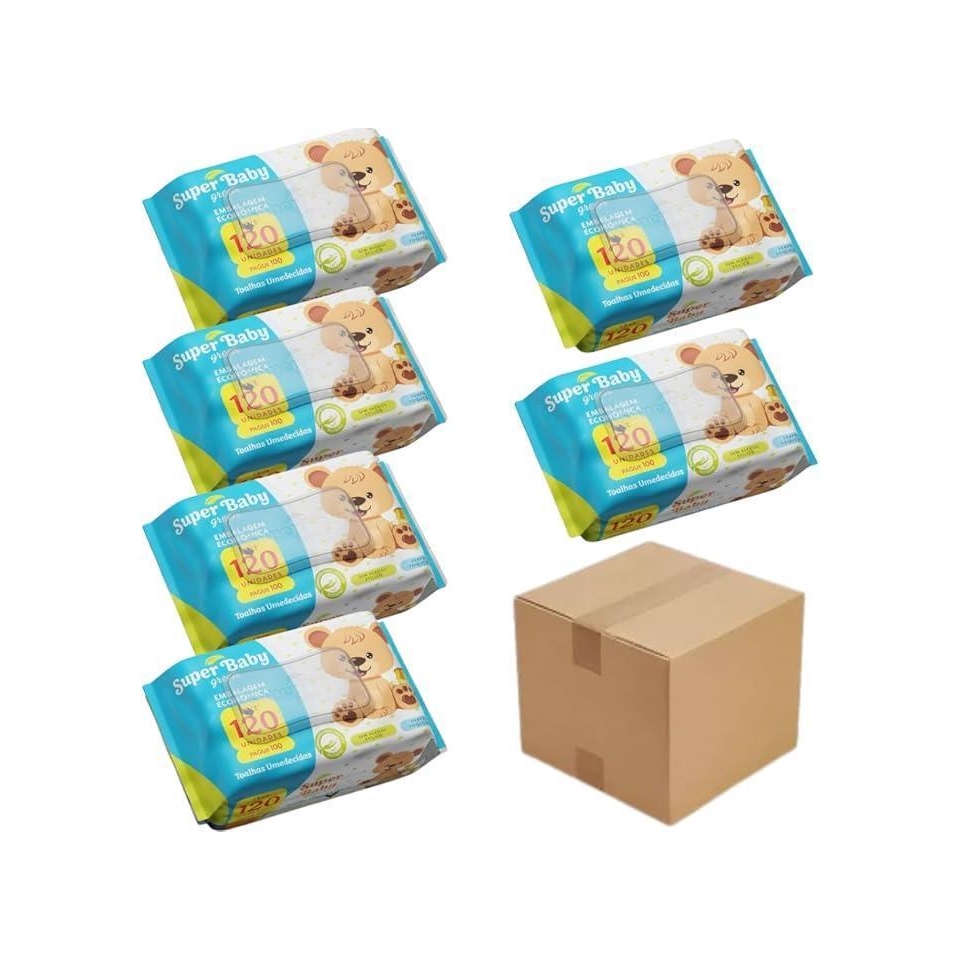 Oferta: Kit 6 Pct Toalhas Umedecidas Lenços Bebê 120un Com Tampa Na Caixa