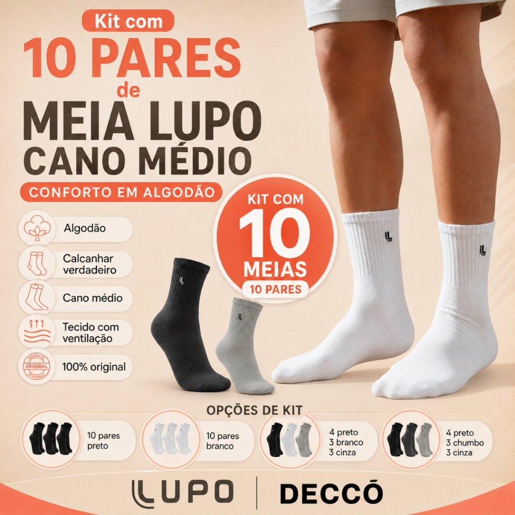 Kit de 10 pares de meias Lupo Cano Médio Unissex