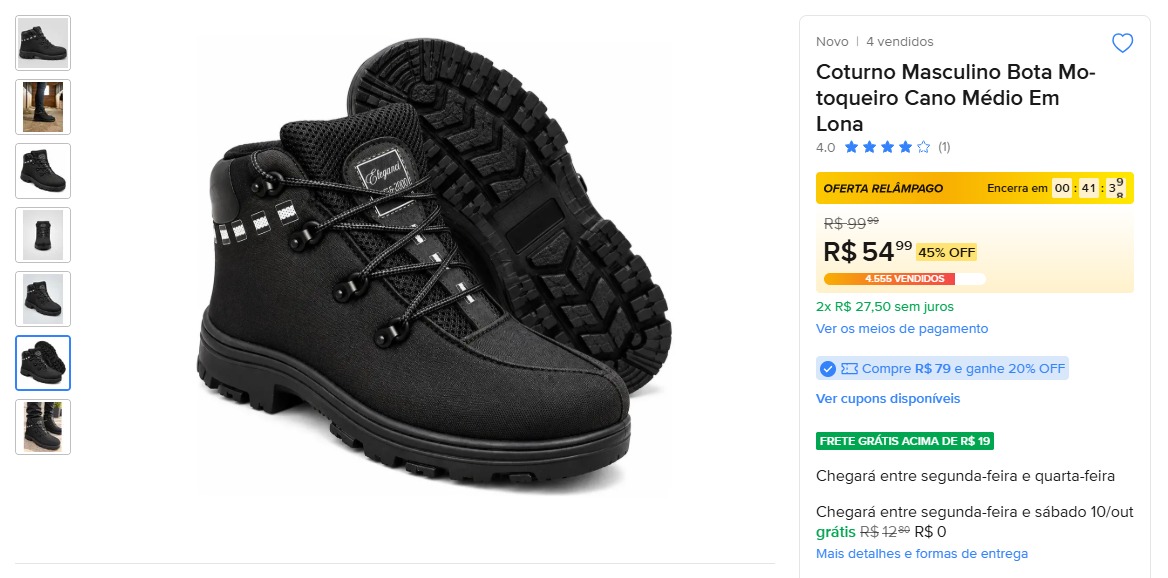 Coturno Masculino Bota Motoqueiro Cano Médio em Lona