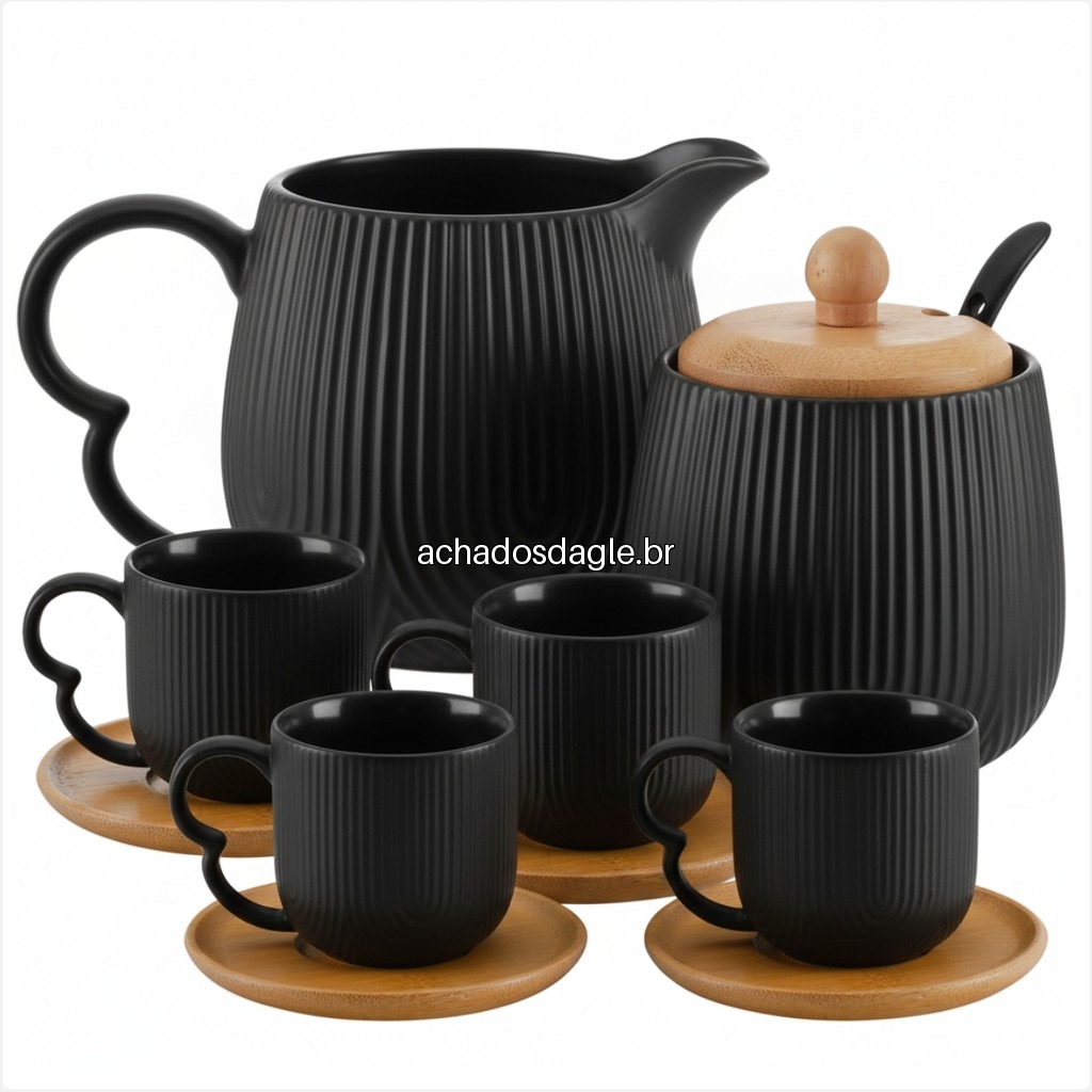 Kit Cantinho do Caffe Oasis Preto com Xicaras 90ml Acucareiro e Cremeira em Ceramica