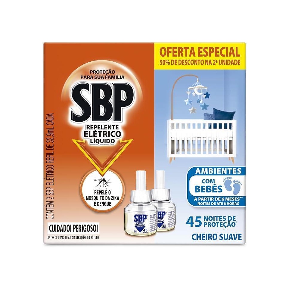 Repelente Elétrico Líquido SBP 45 Noites Cheiro Suave 2 unidades 32.9ml