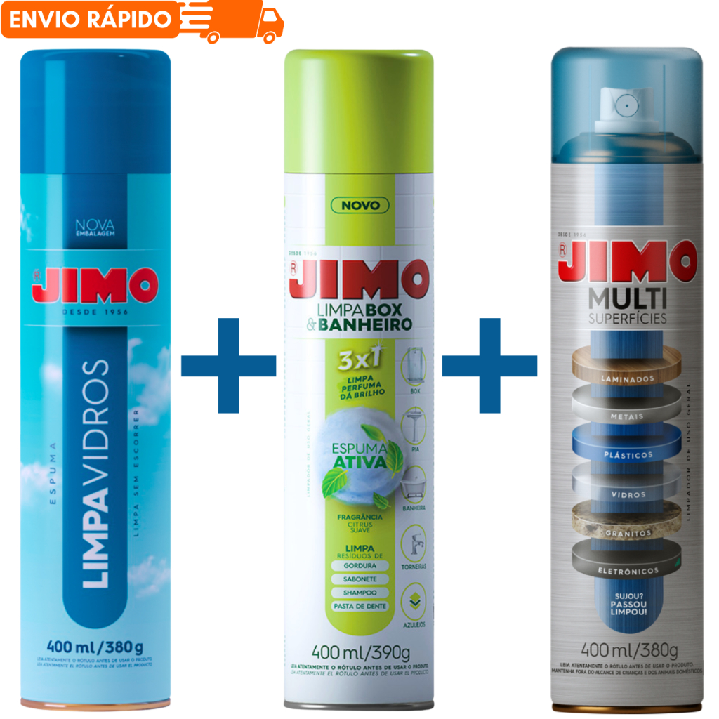 Kit Limpa Vidros + Limpa Box e Banheiro + Multisuperficies JIMO 400ml