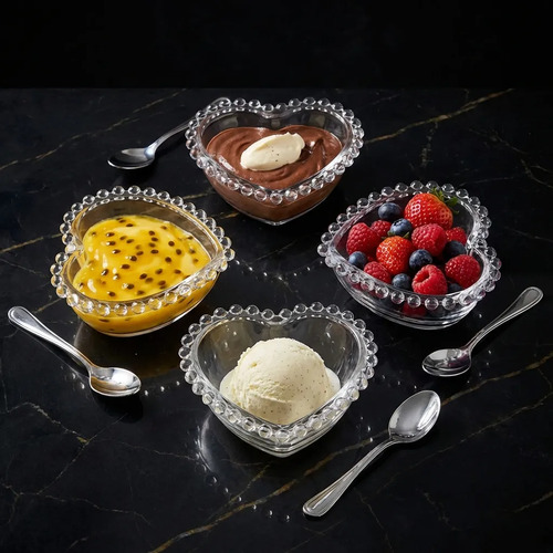 Kit 4 Bowl Vidro Cristal Coração Sobremesa Petisco Pequeno Transparente