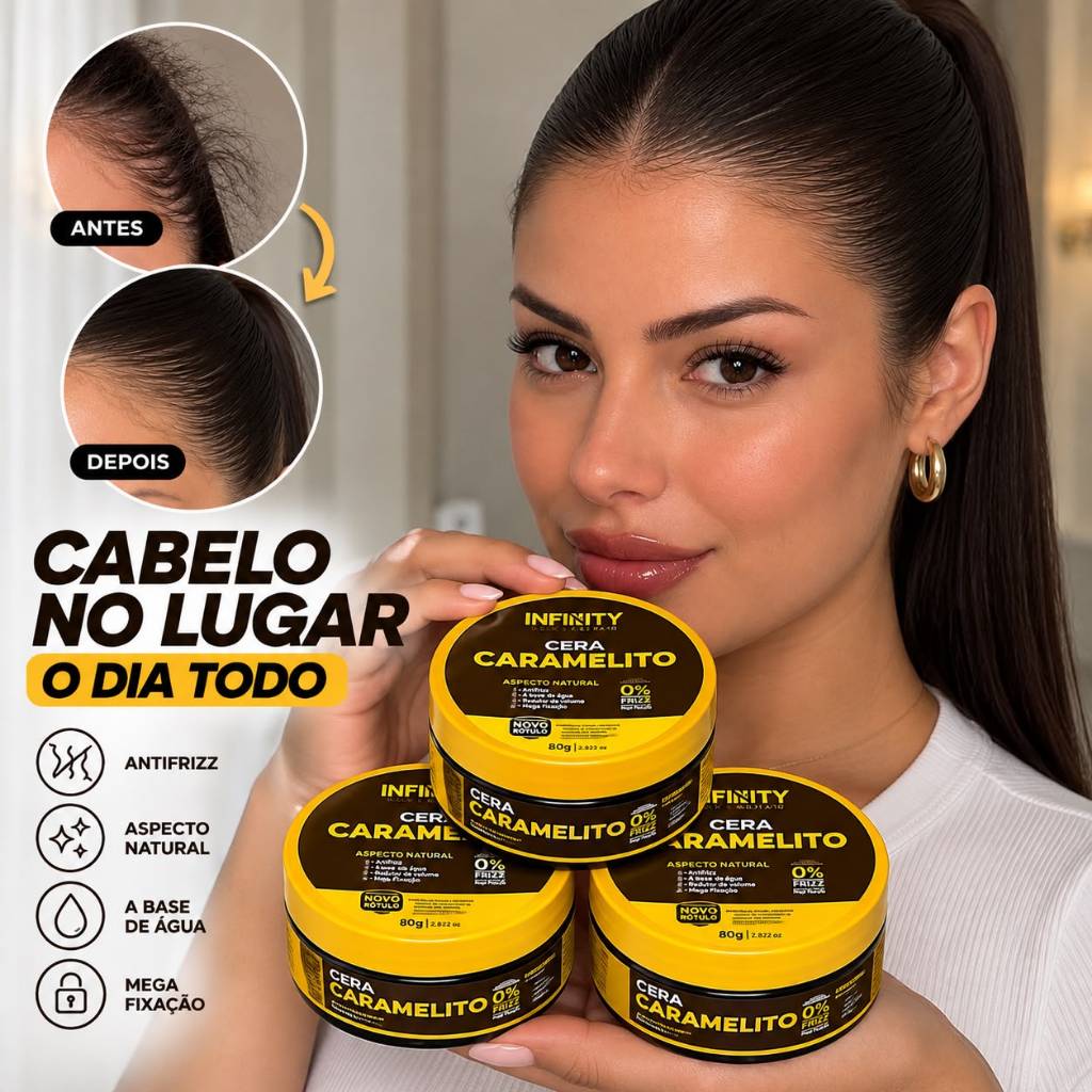 Kit 3x Cera Caramelito Infinity 80g Pomada Modeladora Feminina Antifrizz para Penteados Baby Hair Mega Fixação | Shopee Brasil