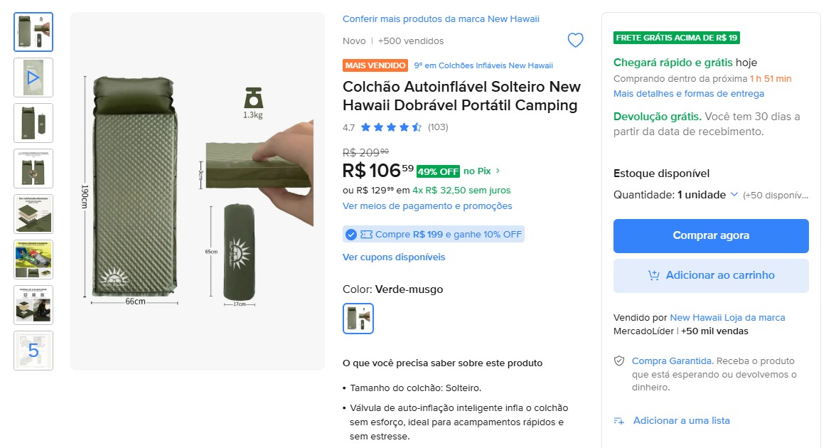 Colchão Autoinflável Solteiro New Hawaii Dobrável Portátil