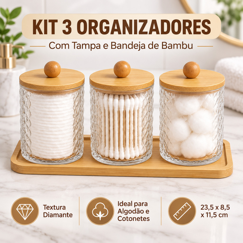 Kit Organizador Acrílico Multiuso 3 Potes com Tampa e Bandeja