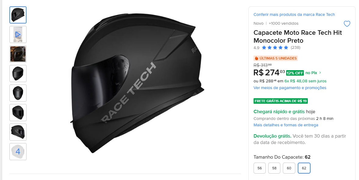 Capacete para Moto Race Tech Hit Monocolor Preto
